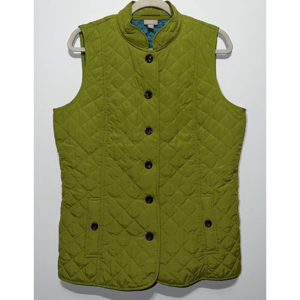 J. Jill Quilted Vest Pea Green Mock Neck Button Up Womens Size Medium